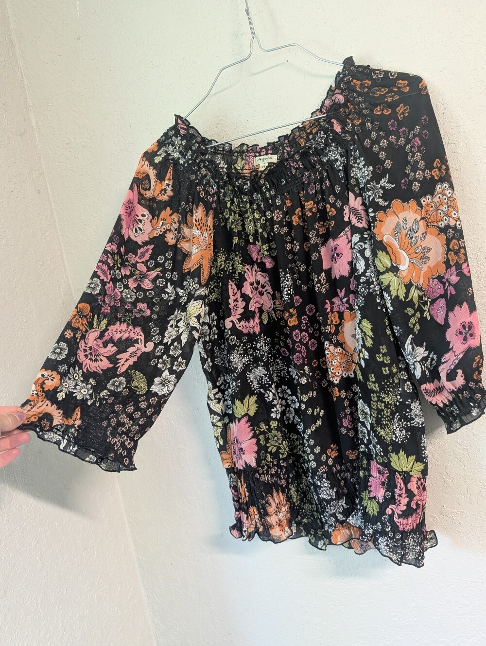 Floral Off-Shoulder Peasant Top M Semi Sheer Beaded Ruffle Festival Forest Fairy